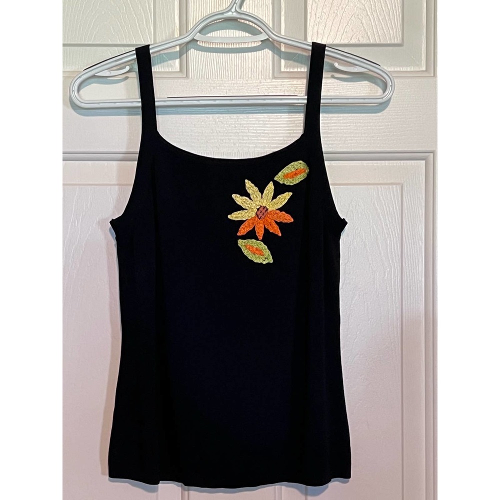 Joseph A. Women's Black Tank Top Embroidered Flower Size L 21" Long x 17" PTP
